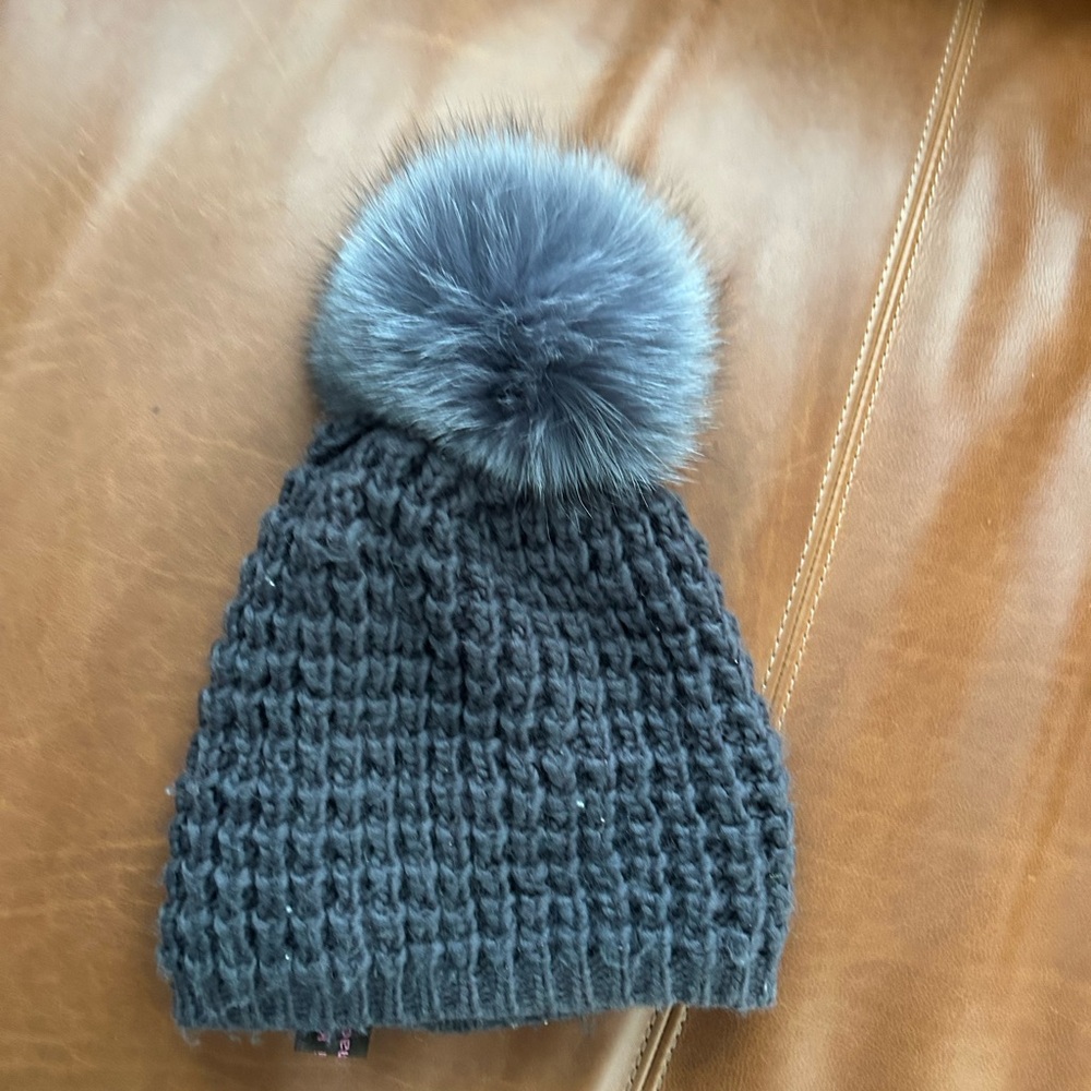 Gray Knit Rabbit Pom-Pom Beanie